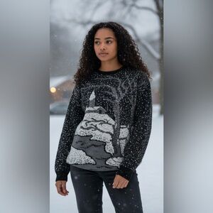 Vintage 80’s Snowy Church Landscape Scene Black/White Sweater by Margules